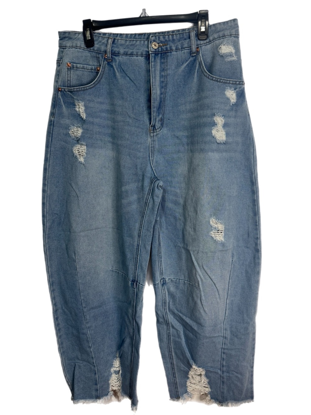Light Blue Distressed High-Waist Barrel Jeans -Size 14